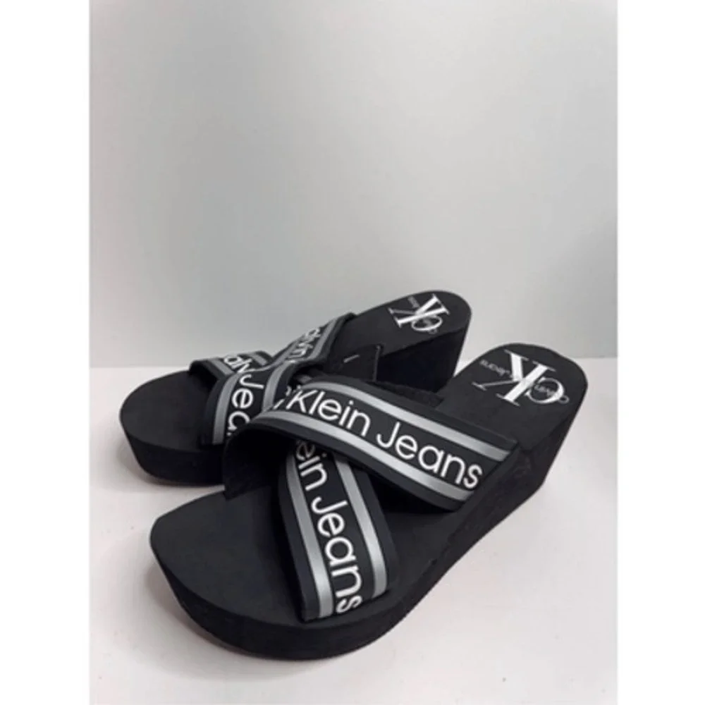 Calvin Klein Sandals Resort Black Logo Crisscross Platform Wedges Size 8.5